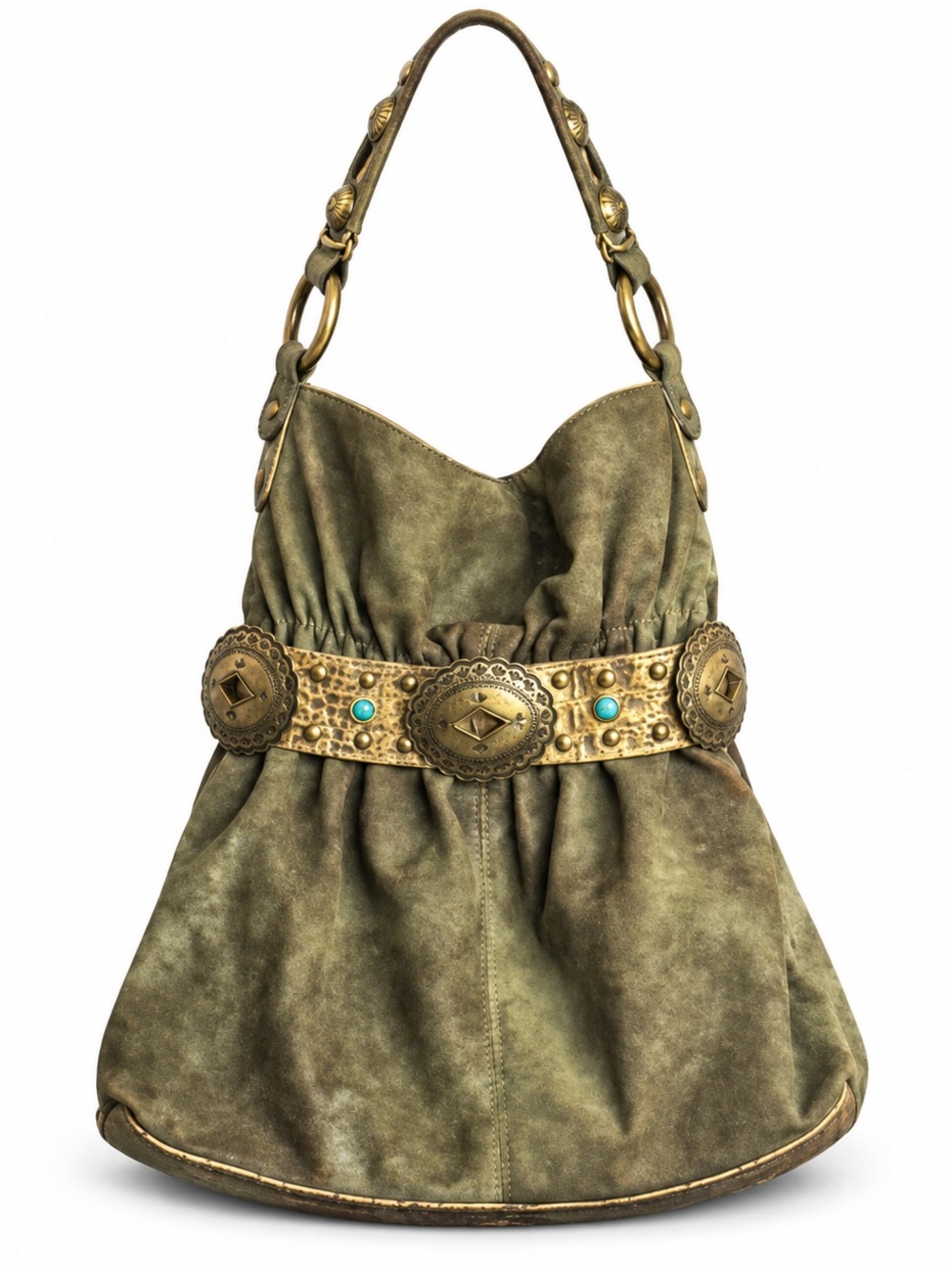 Kathy Van Zeeland Western Concho Hobo Shoulder Bag Olive Gold Boho